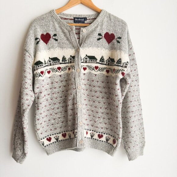 Vintage Weekend Edition Farm Hearts Print Cardigan Sweater M - Picture 2 of 5